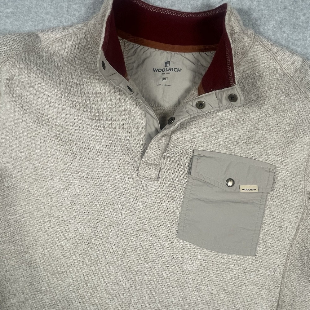 Woolrich 1/4 Snap Button Pullover Sweater Men's XL Fleece Beige Long Sleeve READ - Picture 1 of 11